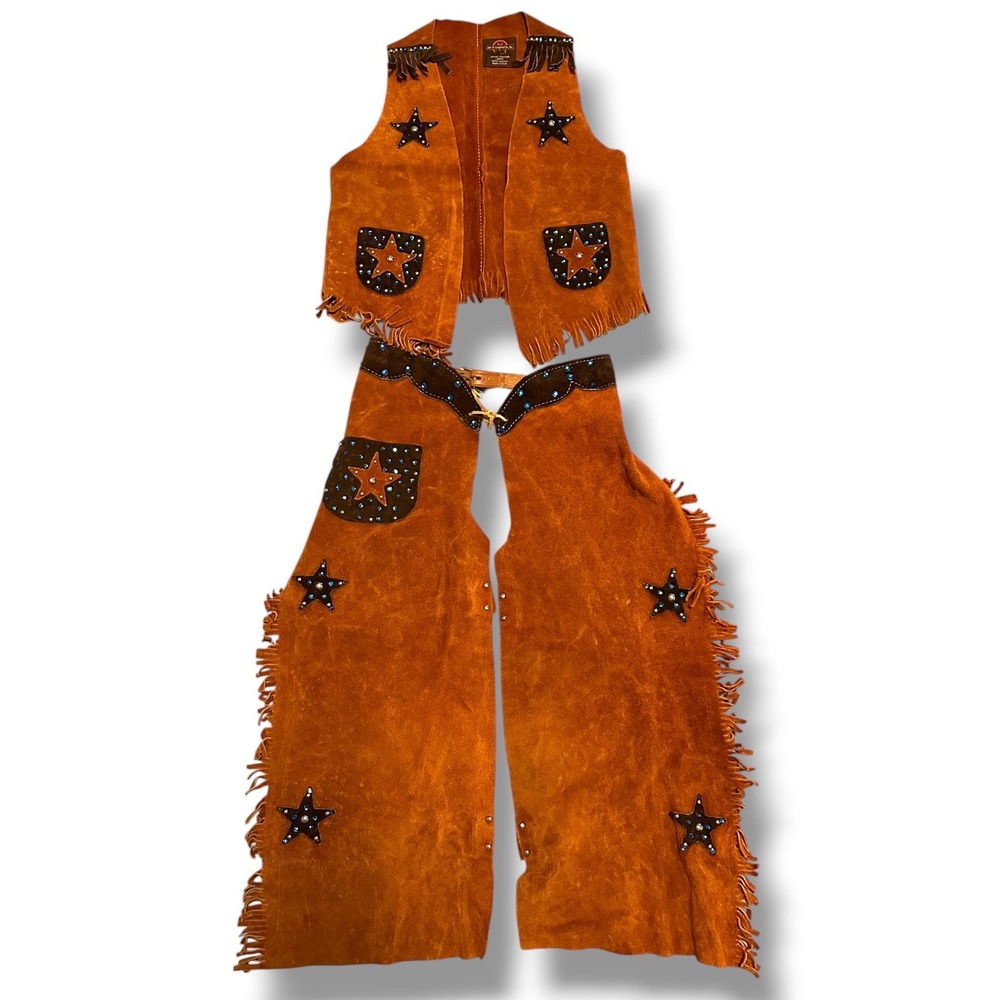 John R Craighead Kids Leather Suede Cowboy Vest Chaps Set Star Fringe Brown L